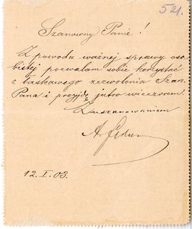 List od Adolfa Fedorowicza do Erazma Majewskiego (rękopis)  strona 1
