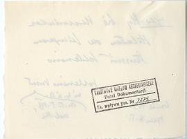 Fiszka z odręcznymi notatkami bibliograficznymi Józefa Żurowskiego  strona 2: pieczątka Działu Do...