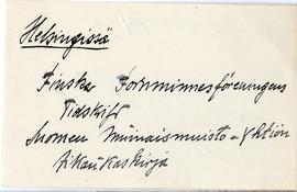 Fiszka z odręcznymi notatkami bibliograficznymi Józefa Żurowskiego  strona 1: "Helsingissä  ...