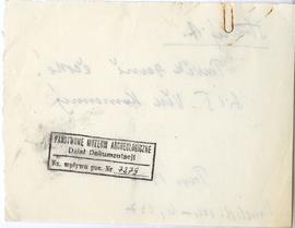 Fiszka z odręcznymi notatkami bibliograficznymi Józefa Żurowskiego  strona 2: pieczątka Działu Do...