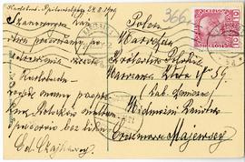 Widokówka od Edwarda Czajkowskiego do Erazma Majewskiego (rękopis  znaczek  stemple)  strona 2