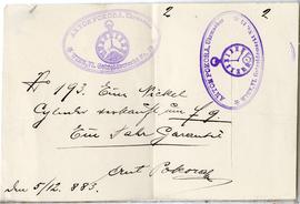 Kwit  z dwoma stemplami zakładu zegarmistrzowskiego Antona Pokory z dn. 05.12.1883 r. (luzem w ki...