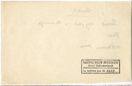 Fiszka z odręcznymi notatkami bibliograficznymi Józefa Żurowskiego  strona 2: pieczątka Działu Do...