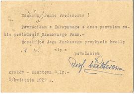 Kartka pocztowa z rękopisem listu Prof. Walderowej do Józefa Żurowskiego z dnia 3.04.1929 r.  str...