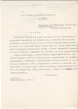 Maszynopis. Odpis pisma p. Mikołaja Siateckiego z dnia 27 kwietnia 1927 r. do Wojewody Województw...