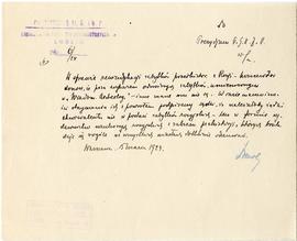 Rękopis. Pismo konserwatora Michała Drewko z dnia 15 marca 1924 r. do Prezydium Państwowego Grona...