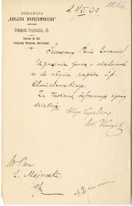 List (rękopis na papierze firmowym) z redakcji Kuriera Warszawskiego do Erazma Majewskiego