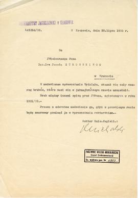 Maszynopis pisma Rektora UJ do Józefa Żurowskiego z dnia 20.07.1932 r. w sprawie uzupełnienia jeg...