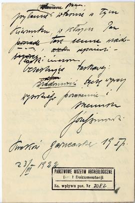 Rękopis-brudnopis listu Józefa Żurowskiego do Mariana Wawrzenieckiego z dnia 23.03.1922 r.  stron...