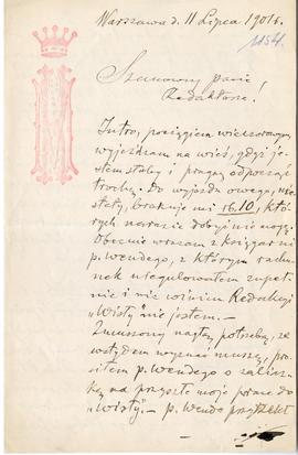 List (rękopis z monogramem autora) od Mariana Kucz do Erazma Majewskiego  strona 1