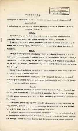 Maszynopis przepisów normujących stosunek Władz akademickich do działalności stowarzyszeń akademi...