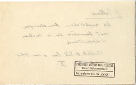 Fiszka z odręcznymi notatkami bibliograficznymi Józefa Żurowskiego  strona 2: pieczątka Działu Do...