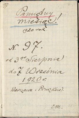 Notatnik nr 97 z odręcznymi notatkami Erazma Majewskiego z okresu od 03.08.1920 r. do 07.09.1920 ...