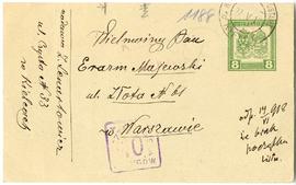 Karta pocztowa od Zdzisława Lenartowicza do Erazma Majewskiego z dnia 27.05.1918 r. (druk  rękopi...