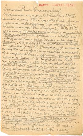 Rękopis listu Mariana Wawrzenieckiego do Józefa Żurowskiego z dnia 26.03.1922 r.  strona 1: &quot...