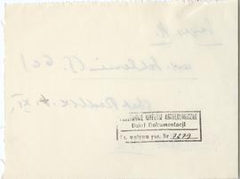 Fiszka z odręcznymi notatkami bibliograficznymi Józefa Żurowskiego  strona 2: pieczątka Działu Do...