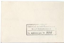 Fiszka z odręcznymi notatkami bibliograficznymi Józefa Żurowskiego  strona 2: pieczątka Działu Do...