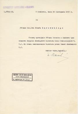 Maszynopis pisma Rektora Uniwersytetu Jagiellońskiego do Józefa Żurowskiego z dnia 29.11.1933 r. ...