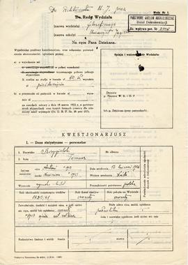Wypełniony rękopisem kwestionariusz z dnia 15.05.1934 r. z prośbą Tomasza Szczygielskiego  studen...