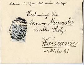 Koperta zaadresowana przez prof. Ludwika Młynka do Erazma Majewskiego (rękopis  znaczek  stempel)...