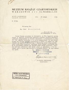 Maszynopis pisma Zarządu Muzeum Książąt Czartoryskich w Krakowie do Józefa Marciniaka z dnia 25.0...