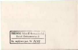 Fiszka z odręcznymi notatkami bibliograficznymi Józefa Żurowskiego  strona 2: pieczątka Działu Do...