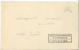 Fiszka z odręcznymi notatkami bibliograficznymi Józefa Żurowskiego  strona 2: pieczątka Działu Do...