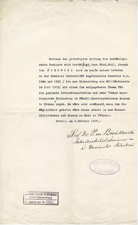 Maszynopis listu polecającego prof. Dr. P. Bieńkowskiego w języku niemieckim z dnia 3.10.1917 r. ...