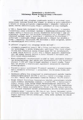 Państwowe Muzeum Archeologiczne w Warszawie. Sprawozdanie z działalności w roku 1999.  Maszynopis...