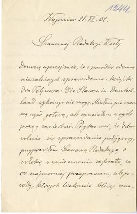List od dr. Łęgowskiego do Redakcji "Wisły" (rękopis)  strona 1