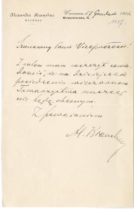 List (rękopis na papierze firmowym) od Alexandra Kraushara do Erazma Majewskiego