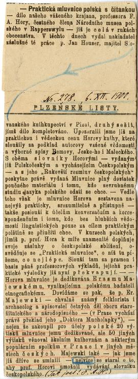 Wycinek prasowy z czeskiej gazety "Plzeňské listy"  Nr 278  6 grudnia 1900 r.  wycinek ...