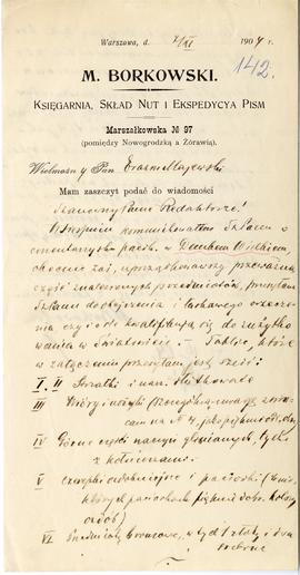List od M. Borkowskiego do Erazma Majewskiego (rękopis)  strona 1