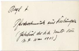 Fiszka z odręcznymi notatkami bibliograficznymi Józefa Żurowskiego  strona 1: "Riegl A.  Pfe...