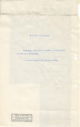 Maszynopis deklaracji z dnia 21.04.1932 r. o znajomości w słowie i piśmie języka niemieckiego i f...