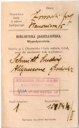 Rewers z Wypożyczalni Biblioteki Jagiellońskiej wypełniony odręcznie przez Józefa Żurowskiego  st...