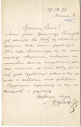 List (rękopis) od Ludwika Korotyńskiego do Erazma Majewskiego