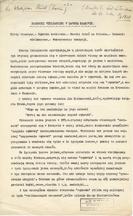 Maszynopis - kopia artykułu Ks. Władysława Staicha pt. Zaduszki wielkanocne w dawnym Krakowie zam...