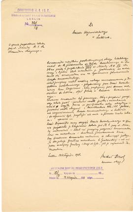 Rękopis. Pismo konserwatora Michała Drewko z dnia 14 listopada 1921 r. do Urzędu Wojewódzkiego w ...