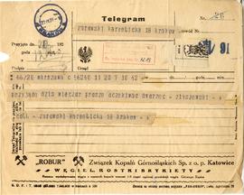 Telegram Wacława Zbyszewskiego do Józefa Żurowskiego z dnia 20.07.1927 r.  strona 1