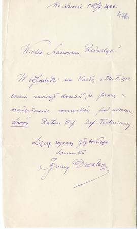 List od Ignacego Drexlera do Erazma Majewskiego (rękopis)  strona 1
