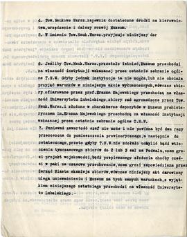 Projekt aktu darowizny MEM Towarzystwu Naukowemu Warszawskiemu - maszynopis  strona: "4. Tow...