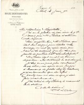 List w języku francuskim z dnia 18.06.1894 r. na papierze znakowanym "Maison foundée en 1820...