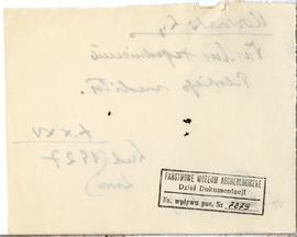 Fiszka z odręcznymi notatkami bibliograficznymi Józefa Żurowskiego  strona 2: pieczątka Działu Do...