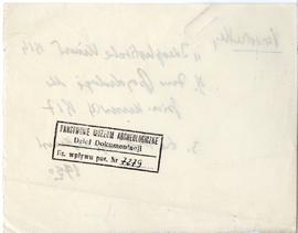 Fiszka z odręcznymi notatkami bibliograficznymi Józefa Żurowskiego  strona 2: pieczątka Działu Do...