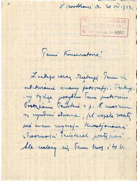 Rękopis listu Mieczysławy Ruxerowej do Józefa Żurowskiego z dnia 20.08.1922 r.  strona 1