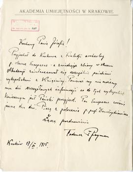 Rękopis listu Tadeusza Reymana do Józefa Żurowskiego z dnia 17.11.1925 r.  strona 1