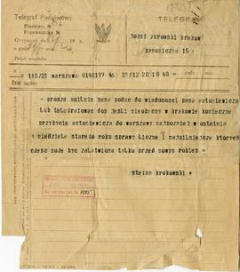 Telegram Stefana Krukowskiego do Jóżefa Żurowskiego z dnia 22.12.1920 r.  strona 1