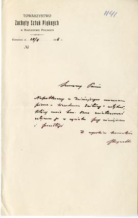 List (rękopis na pepierze firmowym) od J. Krywulta do Erazma Majewskiego