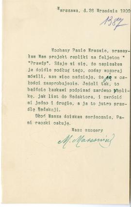 List od Marjana Massoniusa do Erazma Majewskiego (maszynopis  rękopis)  strona 1